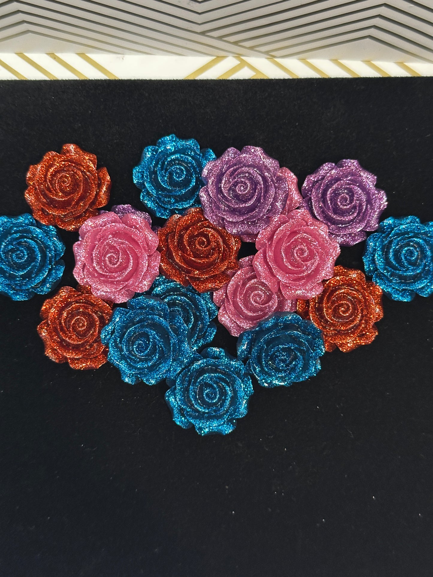 12 Assorted Flat Back Glittery Roses